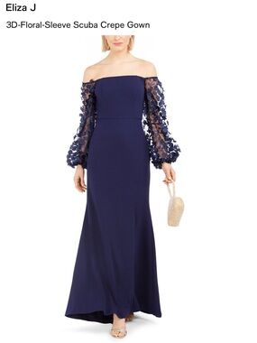 Eliza J Navy Off-the-Shoulder Gown with 3D Floral Sheer Sleeves